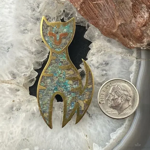 Sterling Silver Chip Inlay Cat Brooch, Made In Mexico - Picture 8 of 10